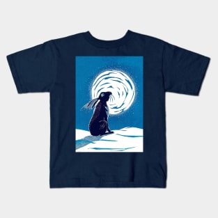 Moon Gazing Hare in Winter Linocut in Blues Kids T-Shirt